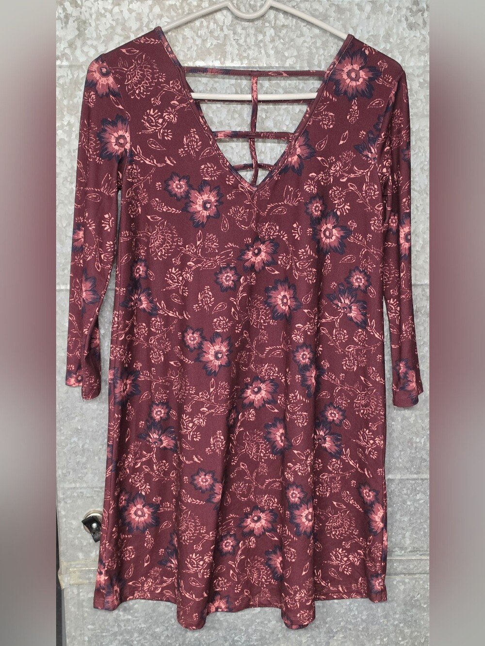 Mudd A-Line Burgundy Pink Floral V-Neck Triangle Lined 3/4 Sleeve Dress Women XS